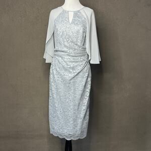 Oleg Cassini Silver Lace Cape Sleeve Cocktail Dress Keyhole Sheath Size 8